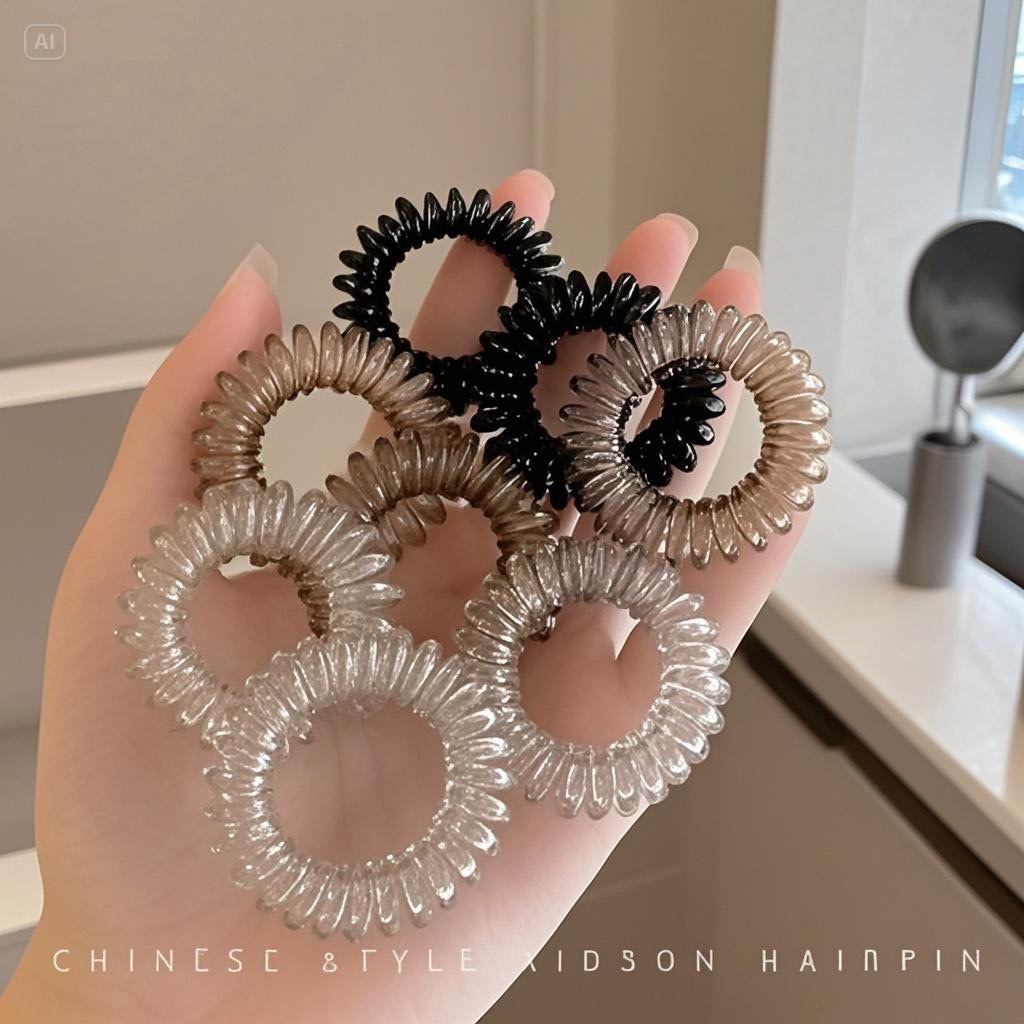 브라운 컬러~ 고탄성 중간 투명 전화선 머리끈, 흔적 없이 포니테일로 머리가 아프지 않음, 심플하고 활용도가 높은 헤드웨어