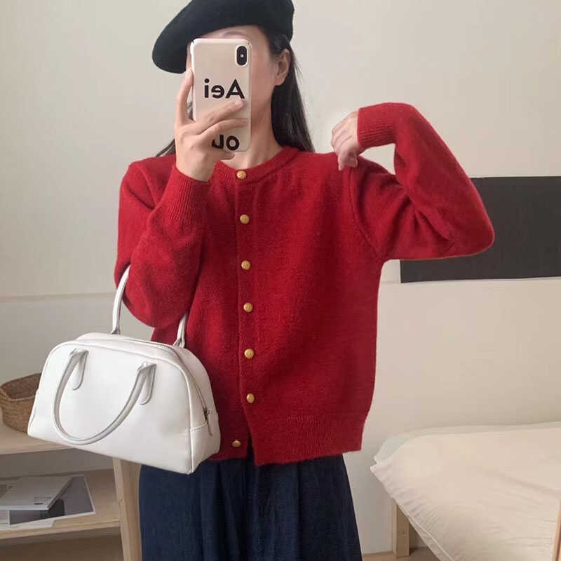 韩系休闲宽松长袖针织开衫女秋冬新款高级感百搭圆领简约毛衣外套|undefined