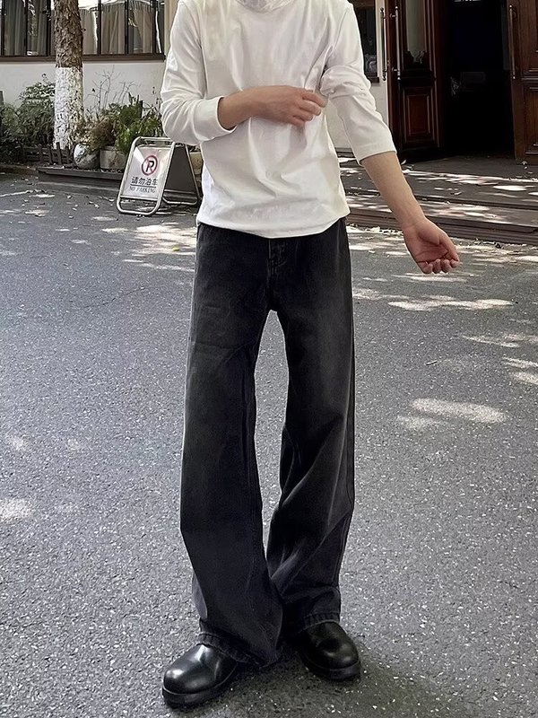 美式做旧复古牛仔裤男百搭宽松修身阔腿长裤微喇弯刀显瘦牛仔裤男|undefined
