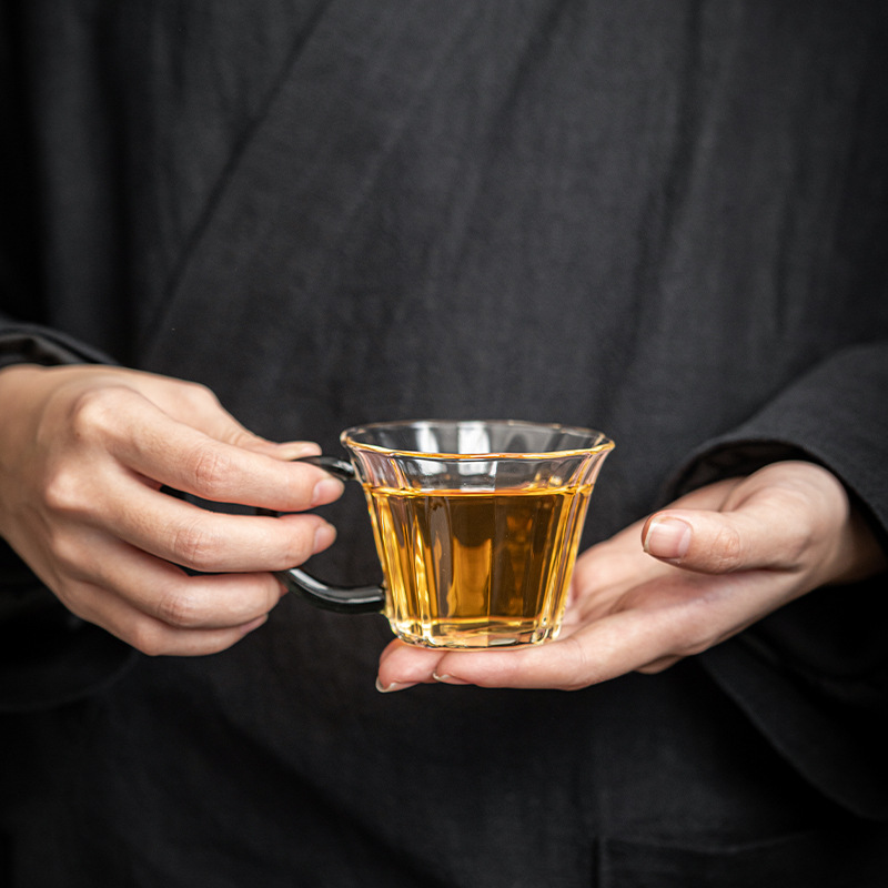 玻璃品茗杯家用耐熱茶杯帶把透明單杯防燙手花茶杯功夫茶具主人杯