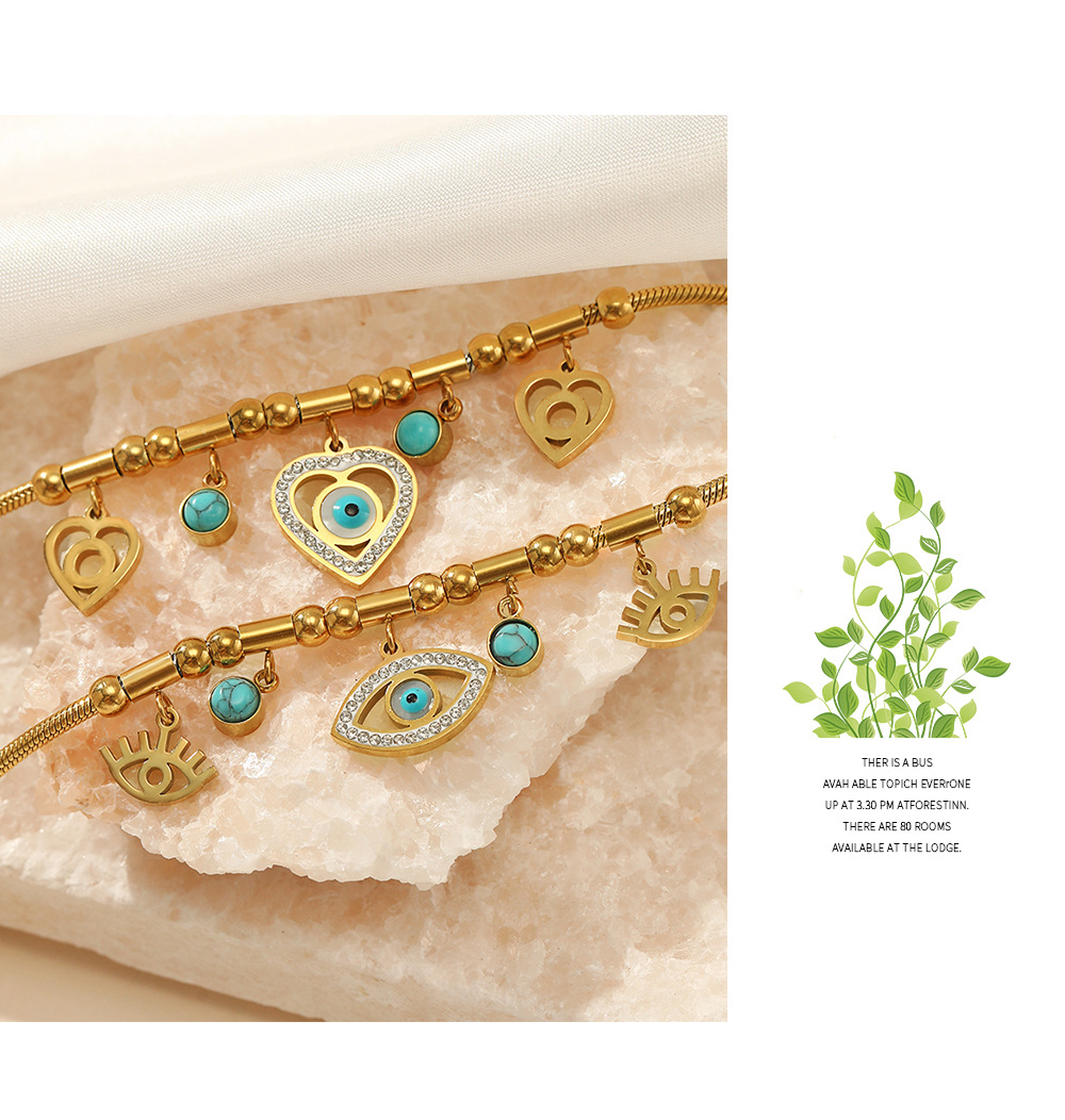 Street Occasion Stainless Steel Material Fashion Devil's Eye Heart Shape Stainless Steel Plating Turquoise Rhinestones Bracelets