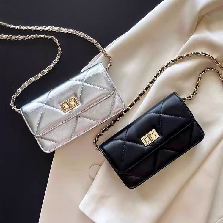 Chanel-Style Silver Small Square Bag for Women, High-End Mobile Phone Bag, Mini Bag, Pu Leather Shoulder Crossbody Quilted Chain Bag