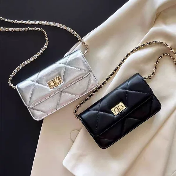Chanel-Style Silver Small Square Bag for Women, High-End Mobile Phone Bag, Mini Bag, Pu Leather Shoulder Crossbody Quilted Chain Bag