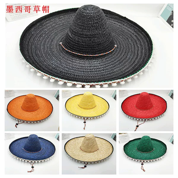 Mexican Straw Hat Pompom Straw Hat Hawaiian Style Halloween Hat Color Straw Hat Sunshade Hat