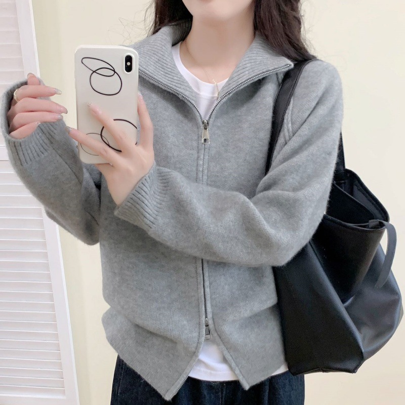 跨境慵懒风毛衣外套女2025秋冬新款韩系纯色立领拉链针织开衫上衣|undefined