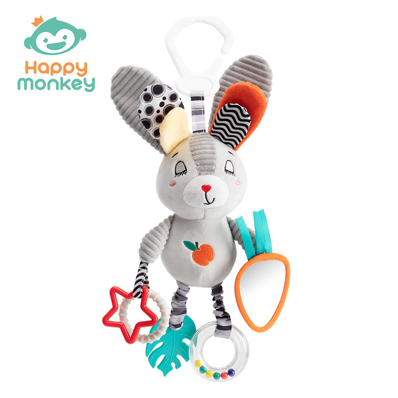 Happy monkey recién nacido calmar muñeca coche colgar cama colgar campana bebé campana cama juguetes de educación temprana para bebés