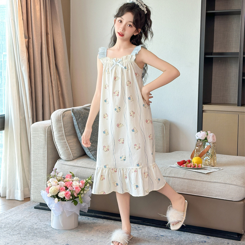 女の子のナイトガウン夏の純粋な綿のサスペンダースカート子供小さな女の子中大子供薄いクールな漫画ホームスカートパジャマ|undefined