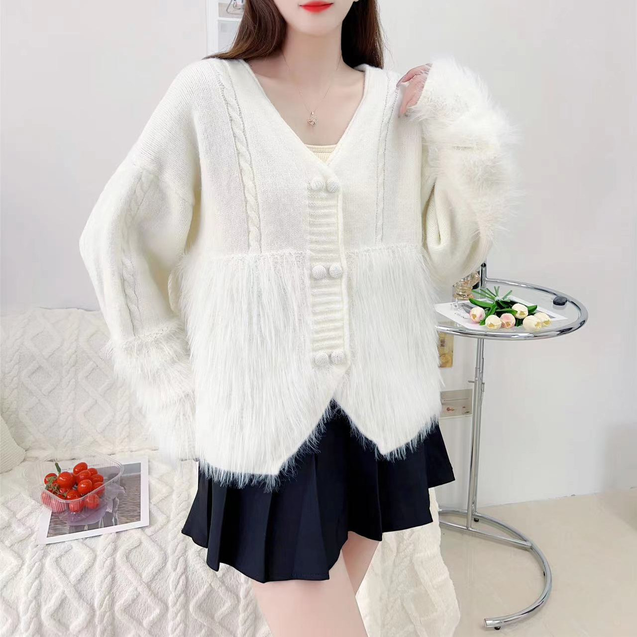 Suéter de punto de imitación visón nuevo para otoño/invierno, diseño trenzado y con diseños, cárdigan con botones simples y cuello en V, manga larga juvenil, abrigo image 4
