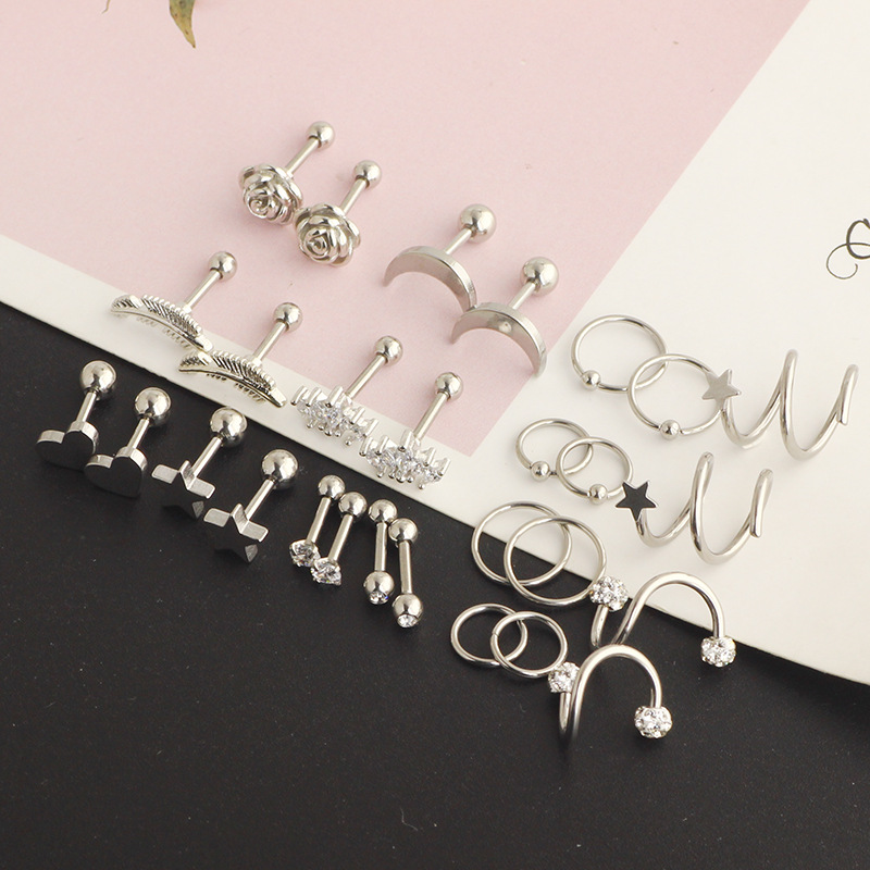 28 Piece Set Stainless Steel 16G Simple Earrings Round Ear Bone Nail Cartilage Ear Bone Nail Set 3 Colors detail image 8