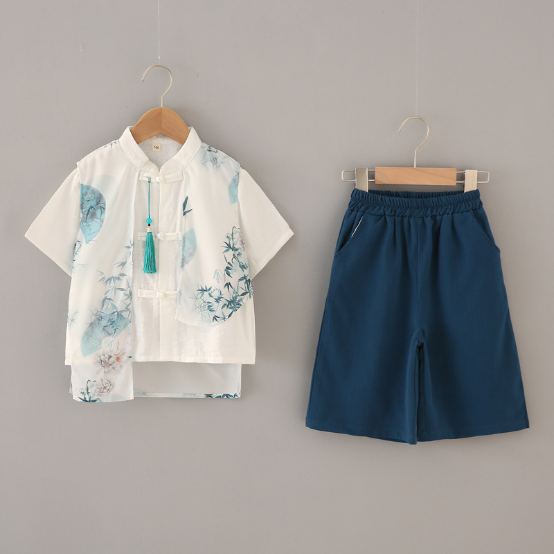 古風漢服男童夏季短袖套裝男孩唐裝新中式兒童改良國學演出服古裝