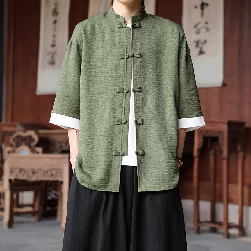 夏季薄款抗皱冰丝衬衫男大码宽松五分袖唐装新中式男装中国风汉服