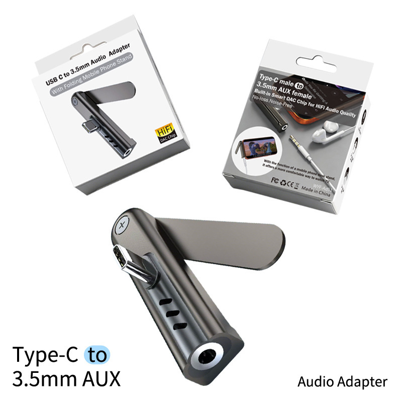 Type-C to 3.5mm audio adapter with foldable stand, dual-function DAC digital chip for mobile phone music listening