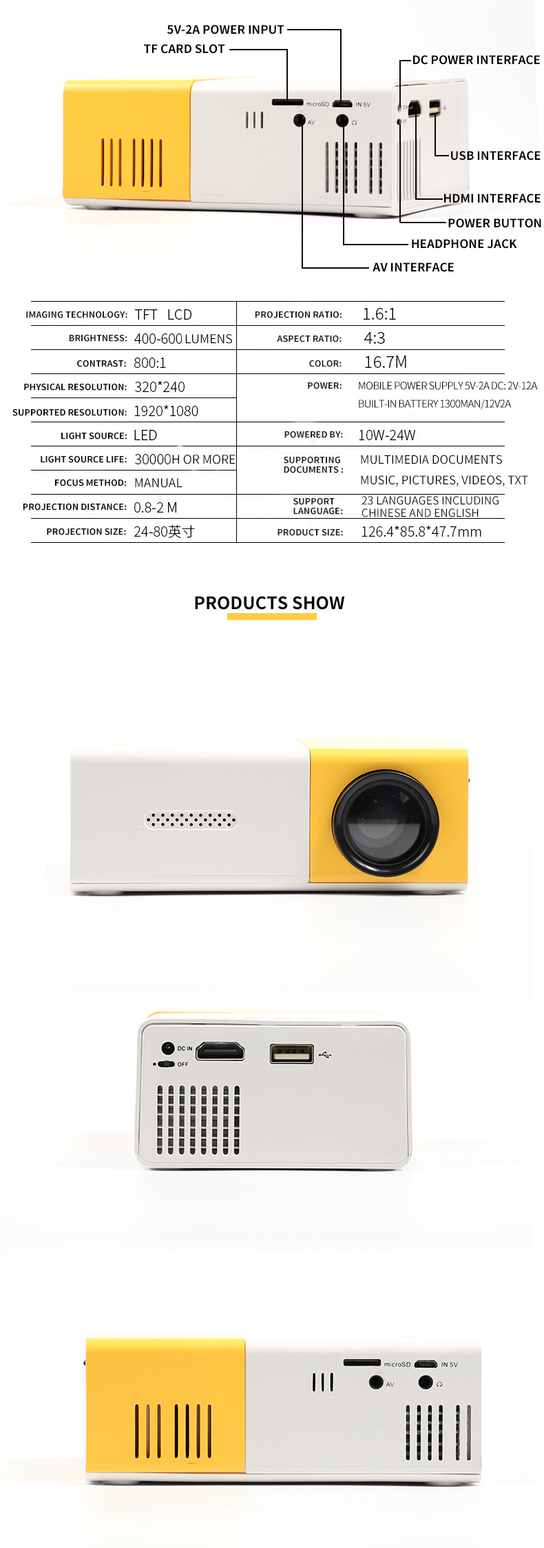 YG300 mikro mini projektör ev led taşınabilir küçük yüksek çözünürlüklü 1080P ev projektörü