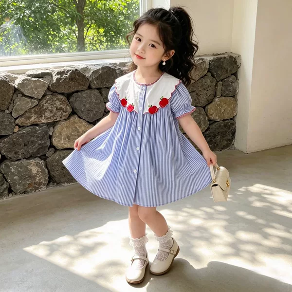 Girls' Summer Dress 2026, Strawberry Embroidery Doll Collar Striped Dress, Stylish Woven Princess Dress for Children