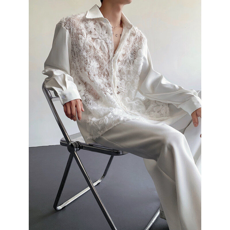 In Stock! 25 Hollow Lace Men's Pearl Embellished Elegant Dress Shirt Cs174-118 In Stock! 25 Hollow Lace Men's Pearl Embellished Elegant Dress Shirt Cs174-118