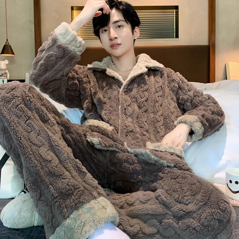 2024 신사복 산호 벨벳 플러스 벨벳 두꺼운 옷깃 가디건 간단한 남성 홈웨어 캐주얼 투피스 양복 겨울