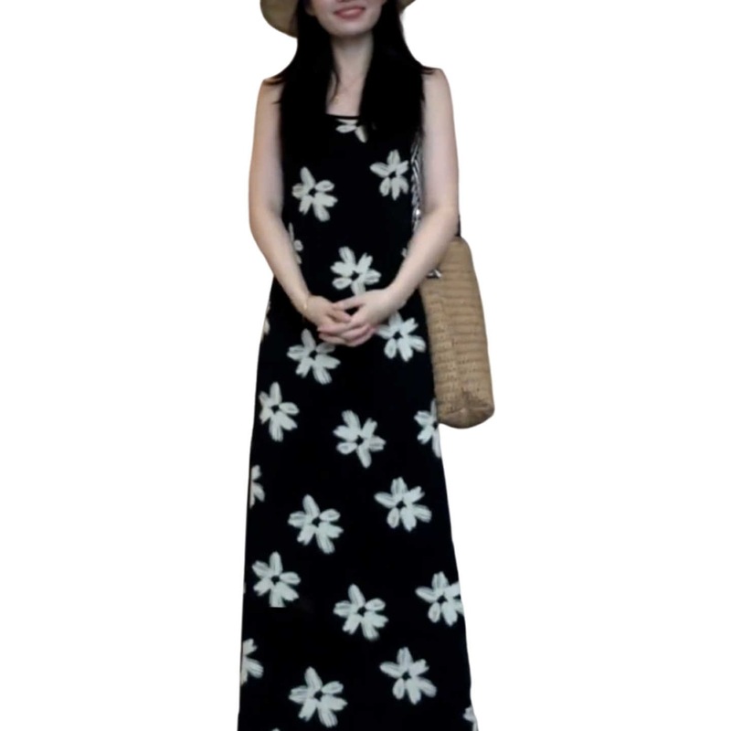 法式海边度假黑色吊带碎花连衣裙子女夏季2025新款小个子气质长裙|undefined