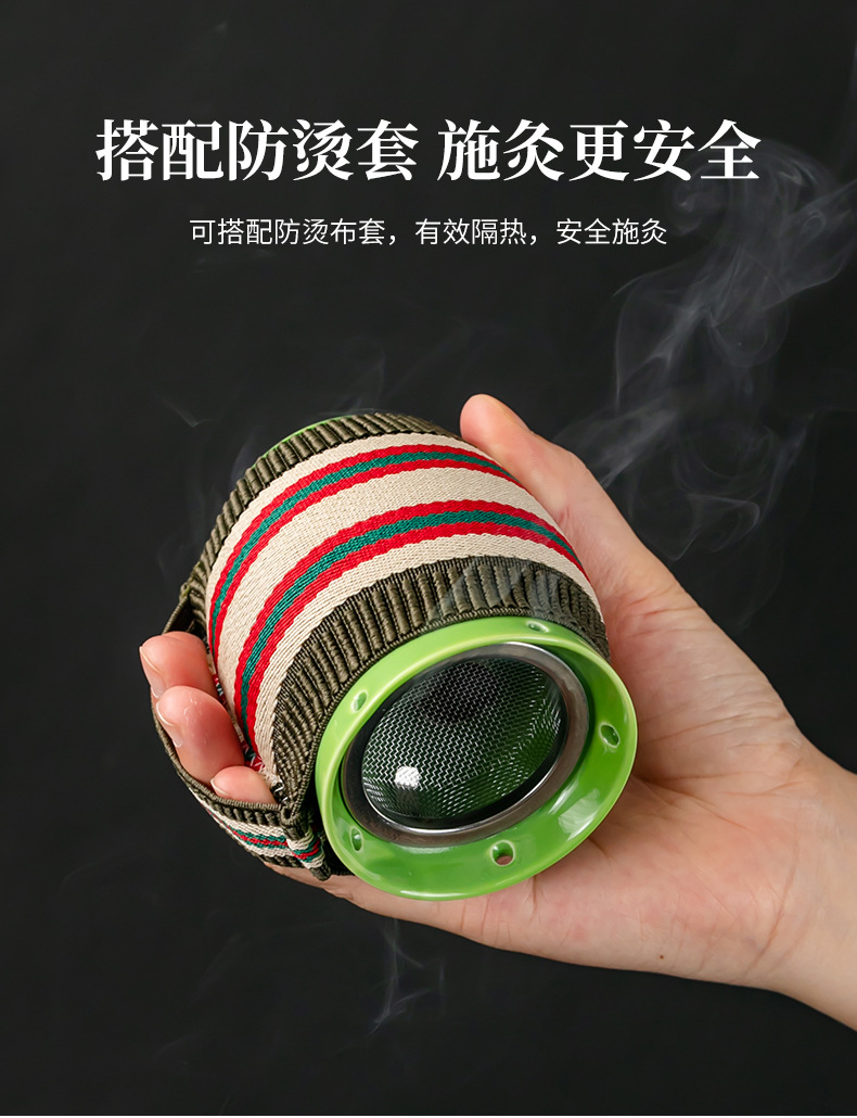 Ceramic Moxibustion Cup with Gua Sha Massage Beads Jade Green Wellness Tool with Dust Cover and Cloth Sleeve specifications