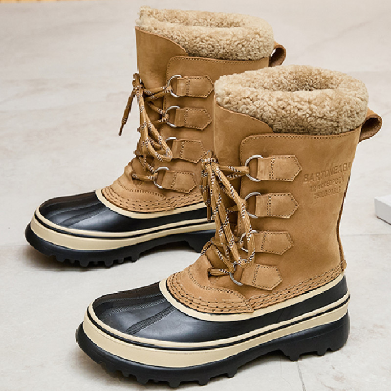 Outdoor Hiking Waterproof Non-Slip Couple Mid-Calf Lace-Up Snow Hunting Duck Boots Wool Warm Thickened Ski Boots