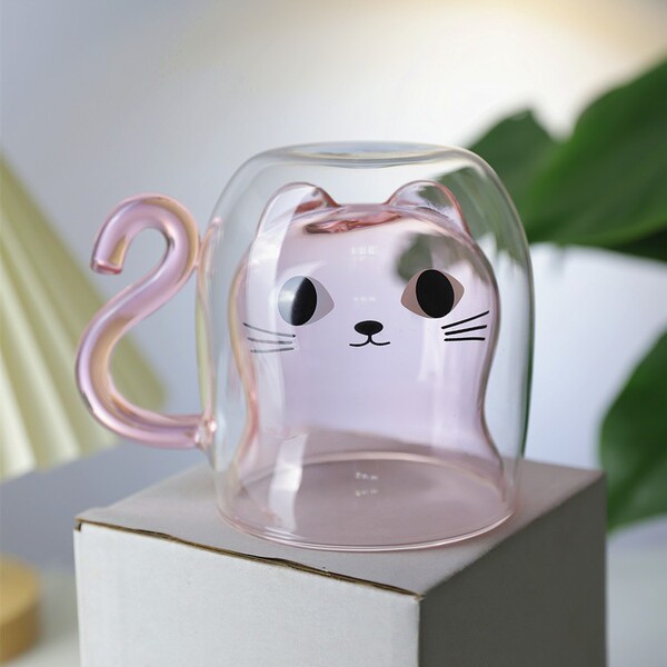 Kitten double-layer glass cup high temperature resistant milk cup…