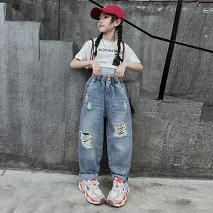 Girl's Summer suit Sweet Cool Spice Girl Jazz Navel Cropped Top Two-Piece Set Fashionable Ripped Harlan Jeans