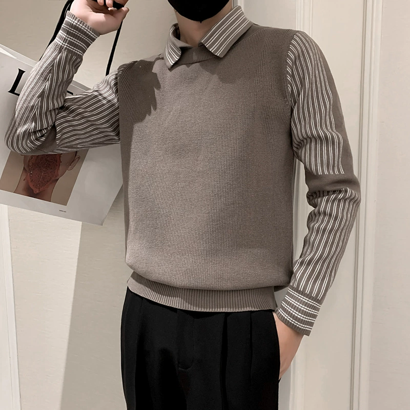 Свитер из двух частей с имитацией, Мужской базовый трикотаж на внутреннюю часть, весна, осень и зима, новый мужской контрастный свитер с лацканами