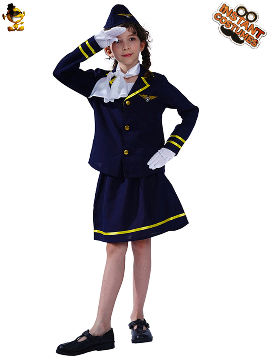 Transfronterizo niños niñas lindo asistente de vuelo traje de azafata niña azafata rol uniforme Cosplay
