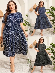 Independent Station European and American Foreign Trade New Large Size Women's Irregular Point Short Sleeve Dress Loose Round Neck Large Swing Long Dress