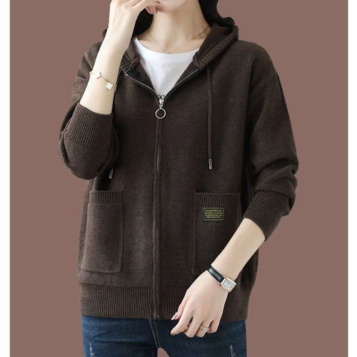 Pure Color Cashmere Cardigan for Women, Loose Hooded Zipper Sweater, Wool Knit Short Coat with Thicken