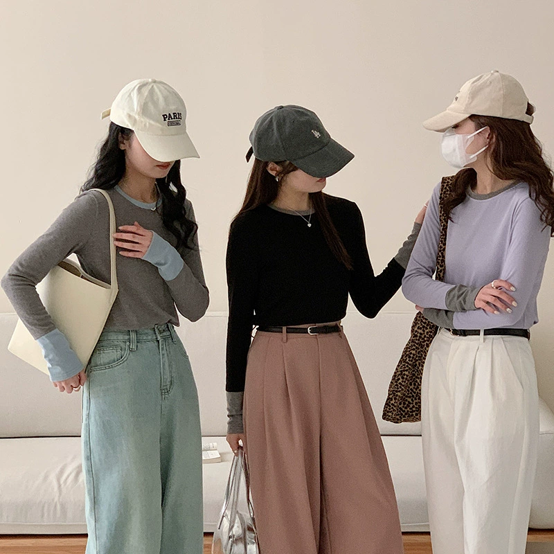Sorima Spring Color Color нижняя рубашка женский 2024 новый стиль тонкий дизайн футболка с длинными рукавами и трикотажный топ с круглым вырезом