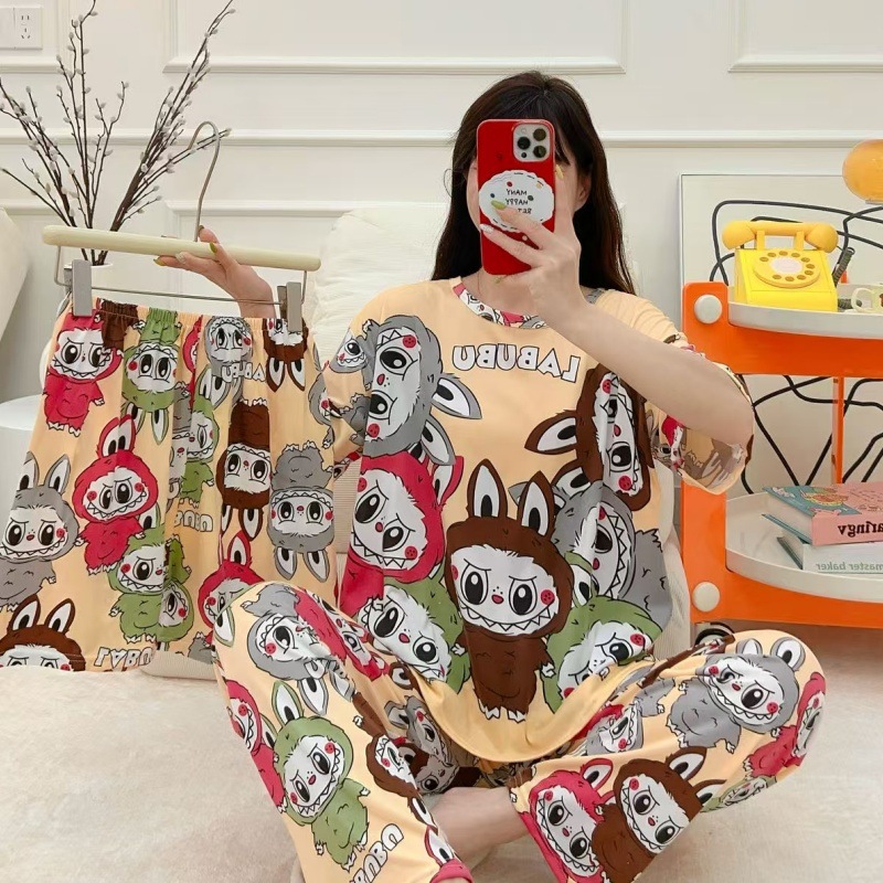 Pijamas de verano transfronterizos pijamas de leche de seda de tres piezas set de dibujos animados comercio exterior ropa para el hogar pantalones de mangas cortas lindos