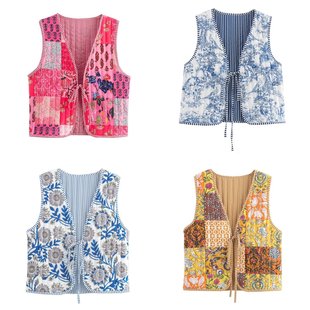 Europe and the United States cross-border vest wholesale 2024 autumn and winter double-sided printed bow lace quilted cotton-padded jacket vest women's thin
