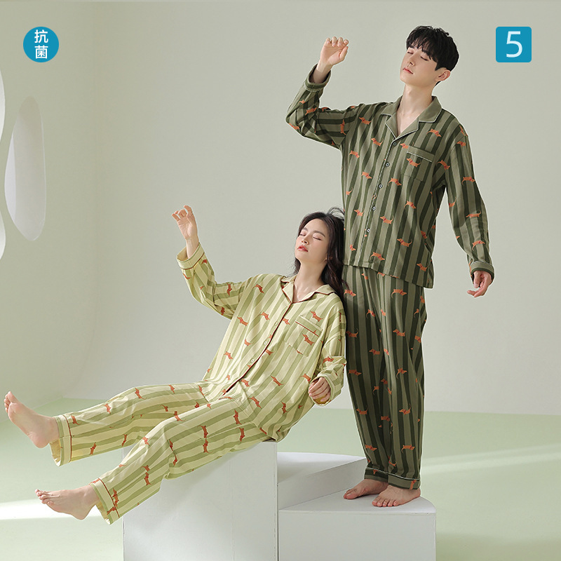 [Antibacterial Cotton] Spring and Summer New Couple Pajamas Pure Cotton Long-Sleeved Cardigan Men's and Women's Home Wear Set