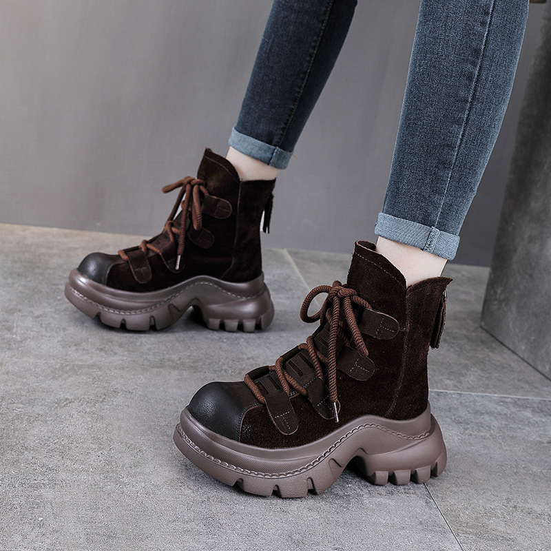 First-Layer Cowhide Boots for Women, British Style Short Boots, Autumn and Winter Genuine Leather Retro Small Height-Increasing Lightweight Spring & Fall Boots