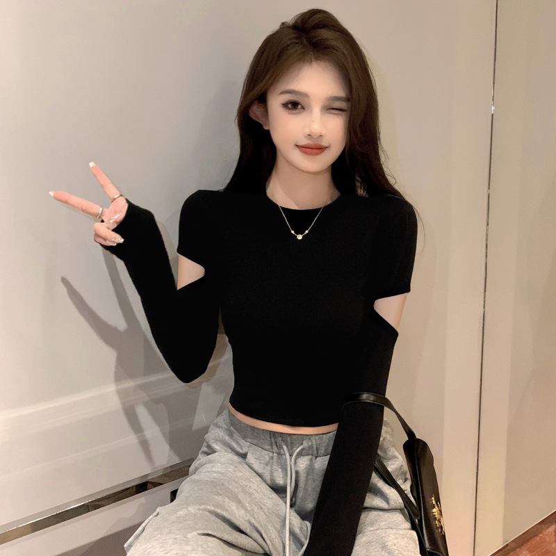 Ribbed Black Half-High Collar Base Shirt for Women, Spring and Autumn, Knitted Short Long-Sleeve T-Shirt, Ripped Tight Top, Trendy