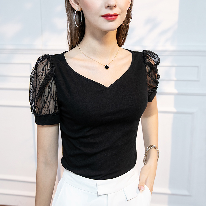 Summer New Peach Heart Collar T-shirt Women's Short Sleeve Puff Sleeve Sexy Solid Color Base Shirt Pure Cotton Spring and Summer Western Style Summer New Peach Heart Collar T-shirt Women's Short Sleeve Puff Sleeve Sexy Solid Color Base Shirt Pure Cotton Spring and Summer Western Style