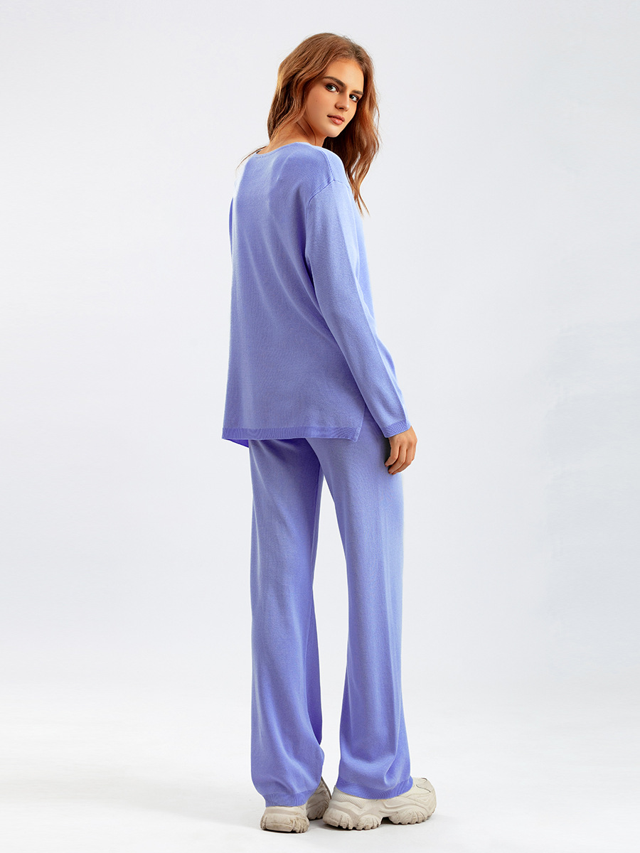 Solid Color V neck Ice Silk Suit Spring Autumn Loose High Waist Casual Two Piece Sweater