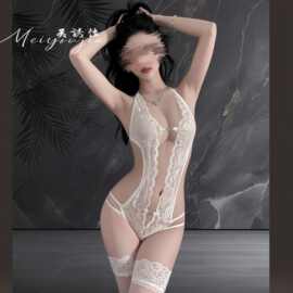 美诱佳情趣内衣纯欲性感蕾丝绑带镂空小胸连体衣透视情调挂脖睡衣