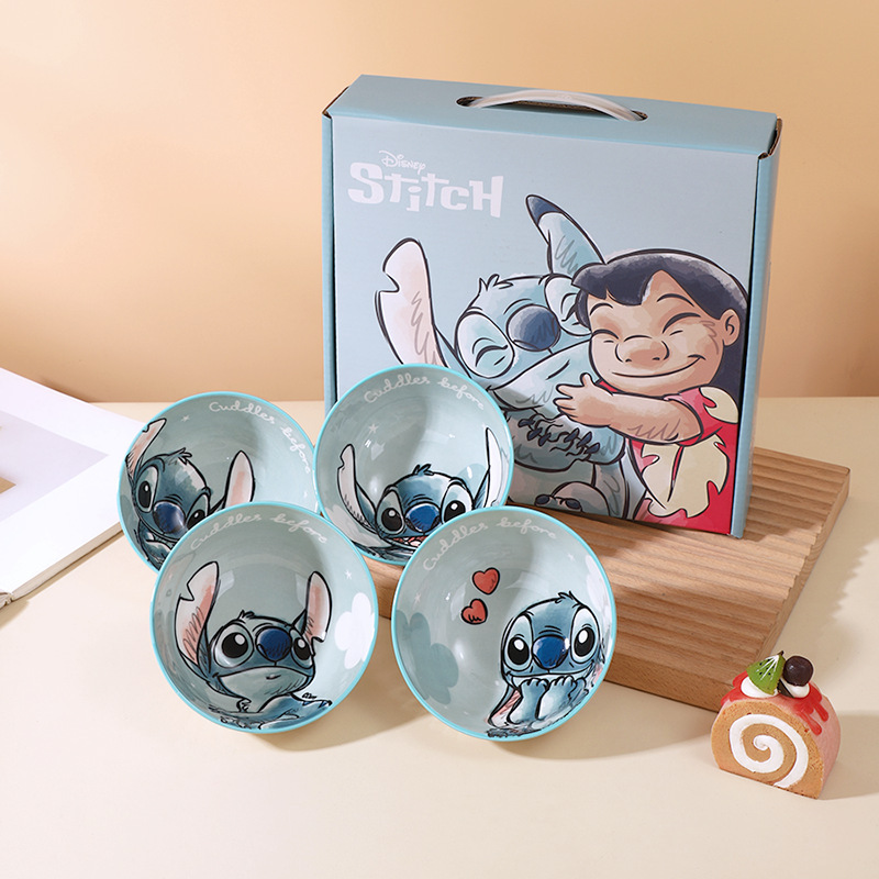 Tazón de cerámica Stitch caja de regalo tazón de arroz para el hogar tazón de dibujos animados de color bajo vidriado vajilla de cerámica de alto valor tazón redondo al por mayor