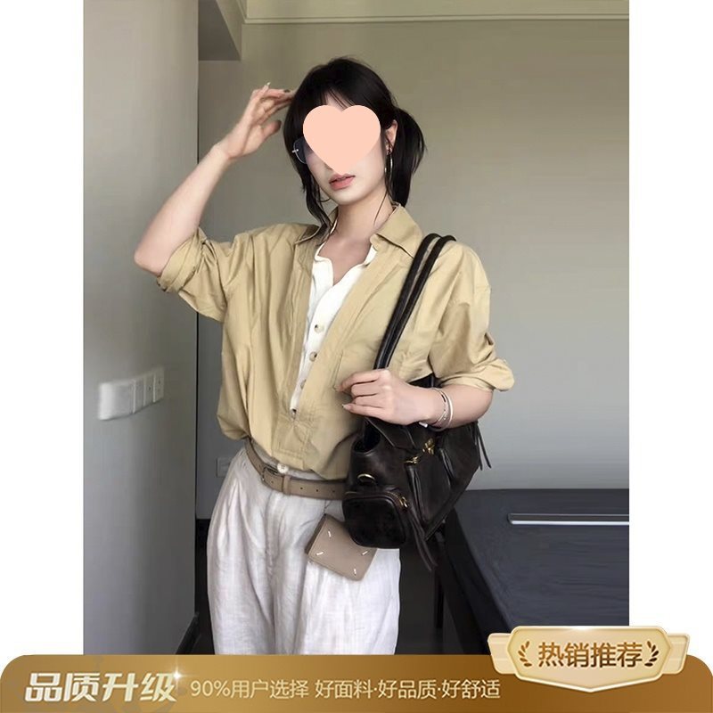 藏青色假两件v领衬衫男美式老钱风穿搭长袖衬衣cleanfit工装外套|undefined