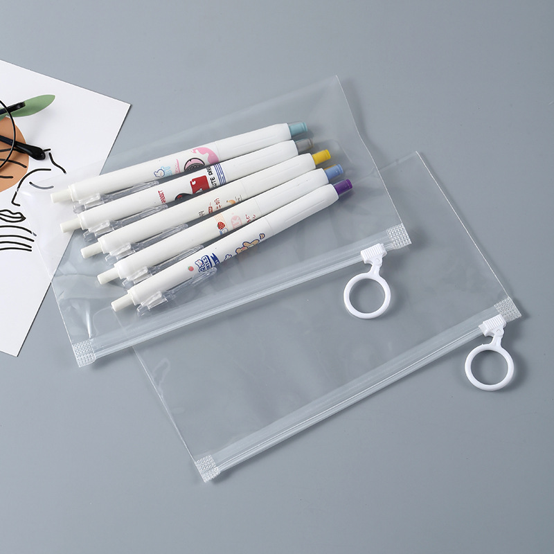 PPE透明笔袋拉环学习用品防水文具袋收纳简约塑料中性铅笔袋批发|ms