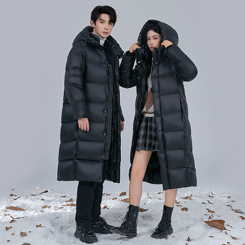Пуховик для пар, унисекс, новый стиль, удлиненное пальто ниже колена, зима 2025, черное с золотом, 500 г гусиного пуха