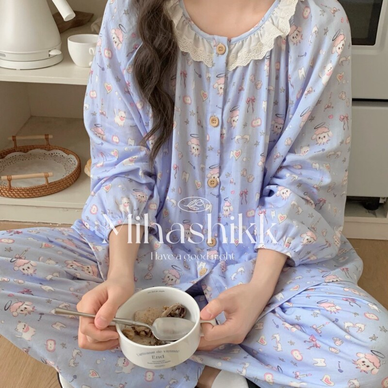 Mihashikk Four Seasons 100% Pure Cotton Double-Layer Gauze Pajamas for Women Cartoon Retro Cat Long-Sleeved Home Clothes Autumn Mihashikk Four Seasons 100% Pure Cotton Double-Layer Gauze Pajamas for Women Cartoon Retro Cat Long-Sleeved Home Clothes Autumn