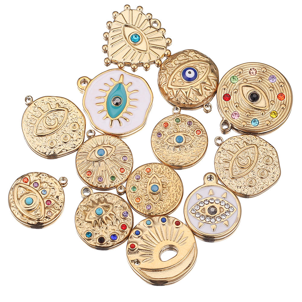 Zircon Inlay Material 5 PCS/Package Stainless Steel Zircon PVD Coated Real Gold Plated Devil's Eye Pendant DIY Jewelry Accessories