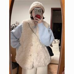 冬季温柔新品甜美羊羔毛背心马甲女潮叠穿毛绒软糯宽松学院风外套