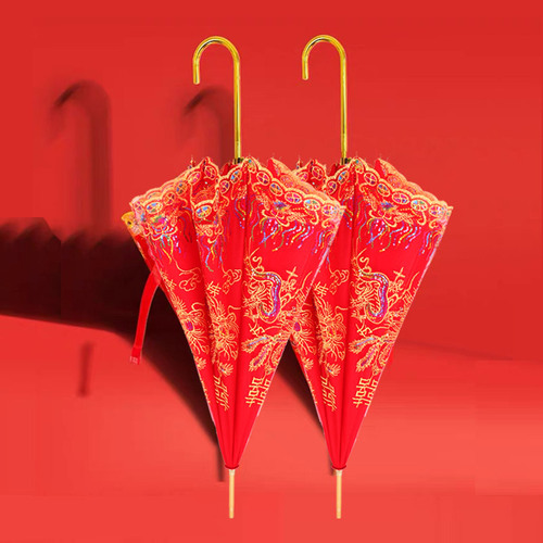 Red Umbrella Wedding Planner Bridal Umbrella Lace Edge Embroidery Chinese Wedding Long Handle Rain Umbrella Retro Bridesmaid Umbrella Wedding Umbrella
