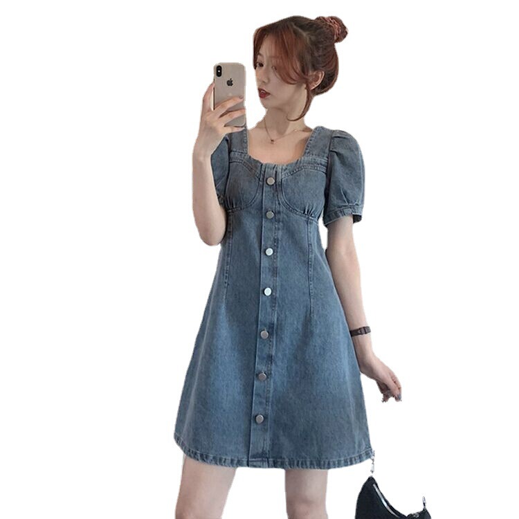 Denim dress women's summer French-style elegant tight waist small bubble sleeve short skirt plus size short-sleeved skirt