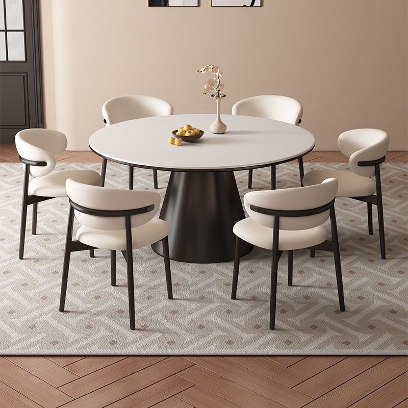 法式仿实木岩板餐桌椅组合现代简约家用黑色圆形吃饭圆桌子带转盘