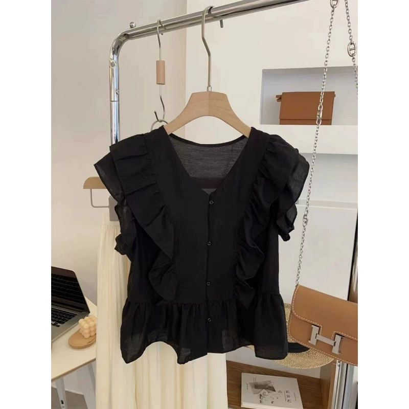 Женская рубашка с v-образным вырезом и рюшами, лето 2025, новый корейский стиль, французский шикарный дизайн, топ без рукавов