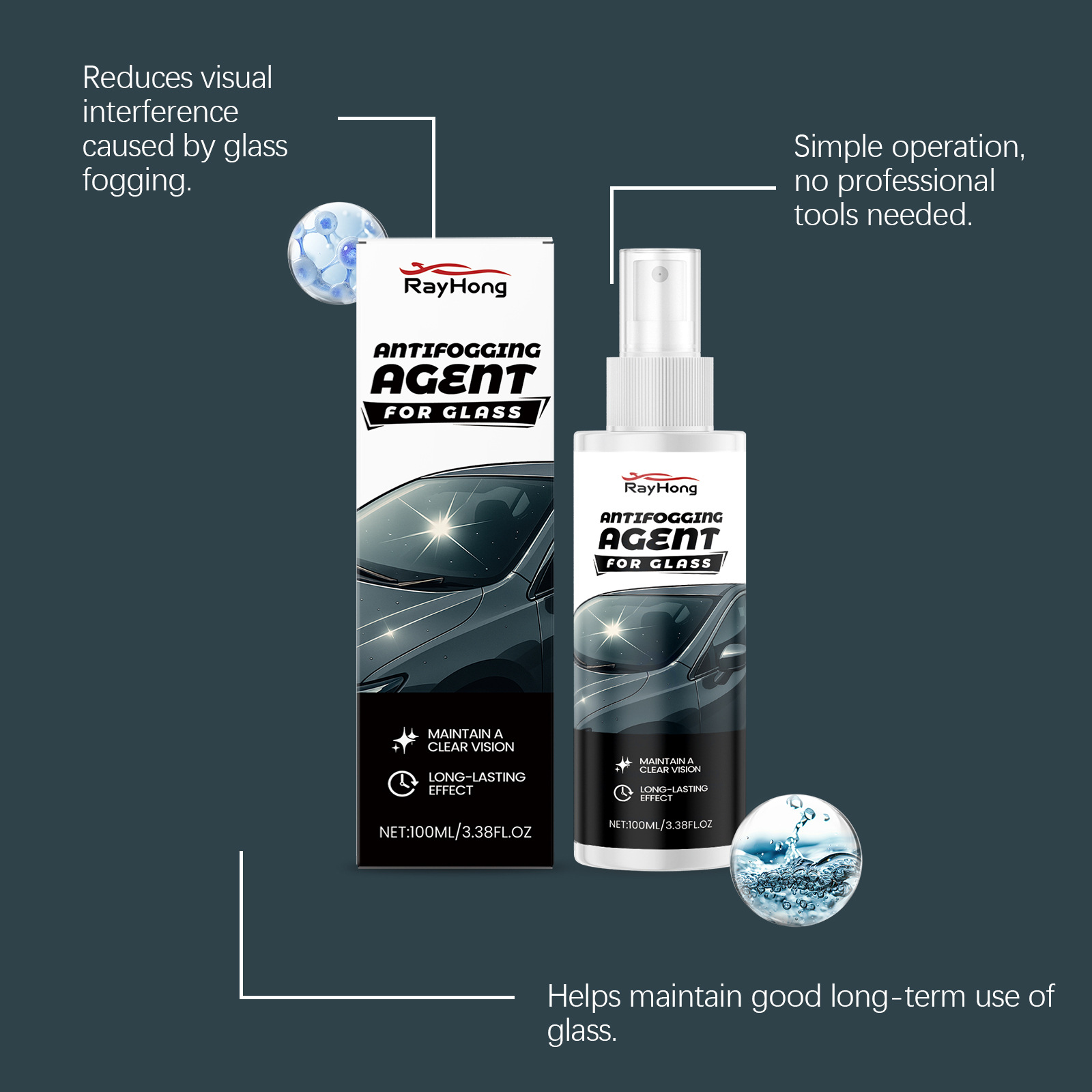 RAYHONG Car Glass Anti-Fog Agent: Cleans and defogges car windows and rearview mirrors, providing clear visibility in rainy weather